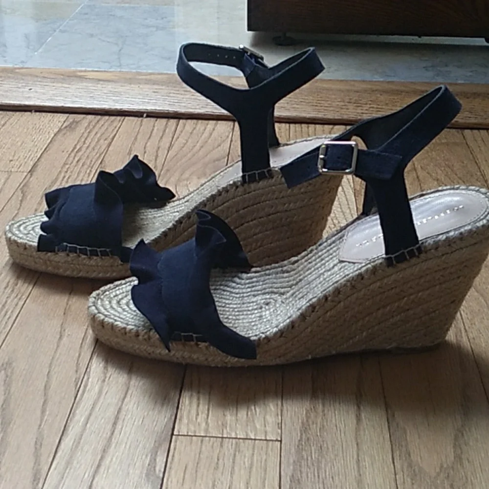 Loeffler Randall Navy Ruffle Espadrille Wedges with Ankle Strap